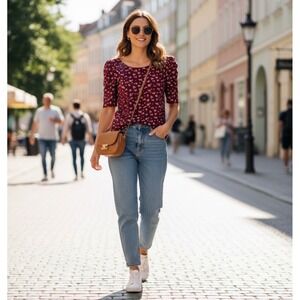 301-010 Ann Taylor Factory Burgundy Floral Puff Sleeve Top Women Size M